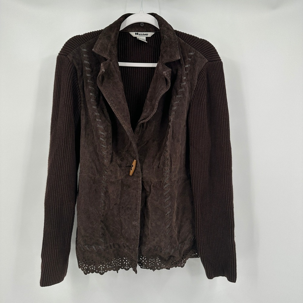 Nygard Womens Moody Suede Knit Jacket Size L Cottage Noir Boho Western Laser Cut